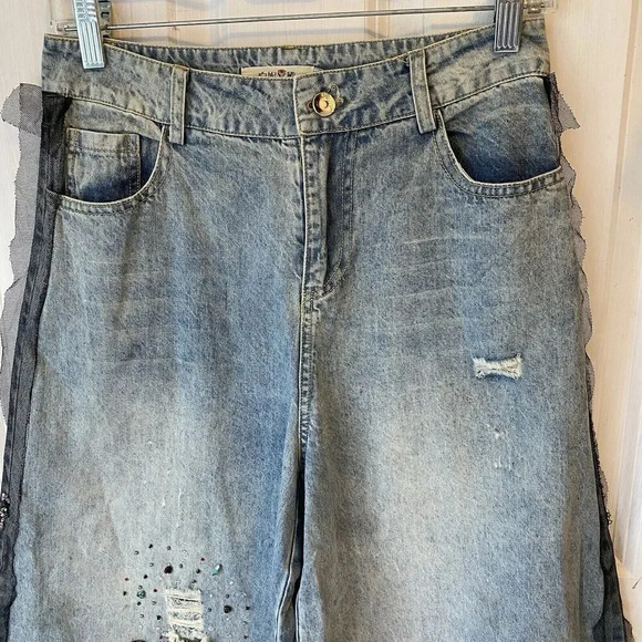 Vtg 90s Jeans Fairy Goth Destress Wide Leg High Rise Women’s S Korea Design Blue - Picture 7 of 13